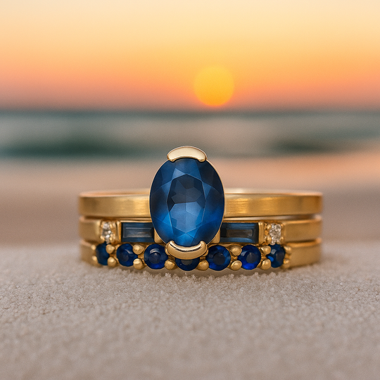 BettyRae - Handcrafted ring with blue stone and golden finish