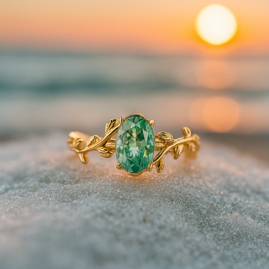 BettyRae - Golden ring with green agate and leaf motif