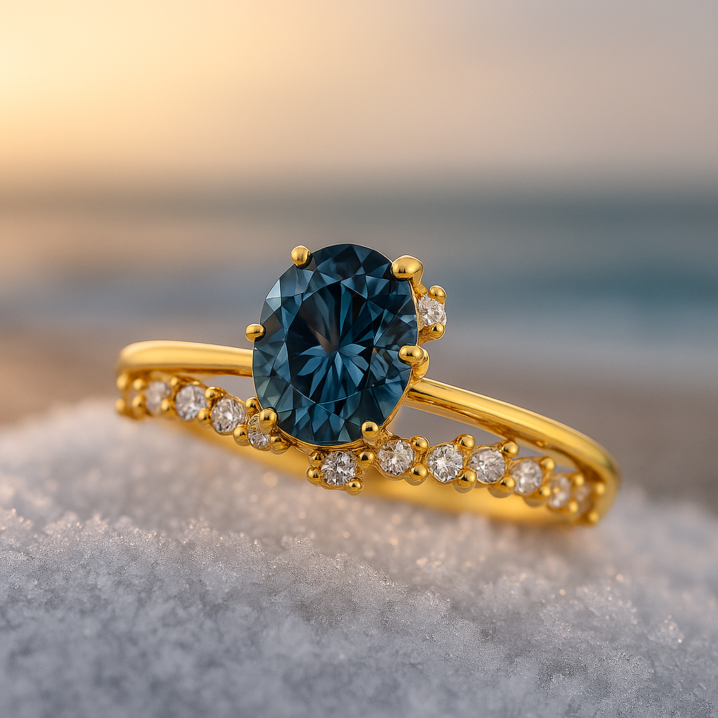 BettyRae - Golden ring with blue crystal and zirconia