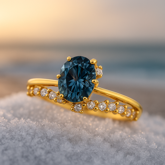 BettyRae - Golden ring with blue crystal and zirconia