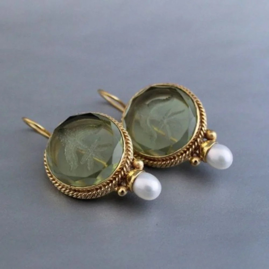 BettyRae™ - Vintage Rounded Green Stone Pearl Earrings