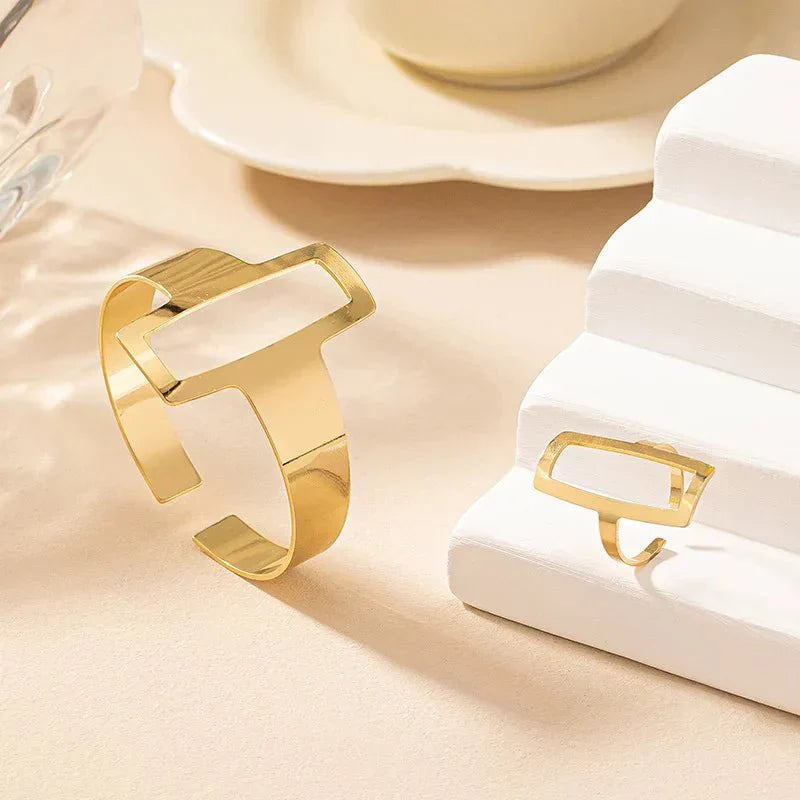BettyRae - Adjustable Geometric Rectangle Bracelet and Ring Set
