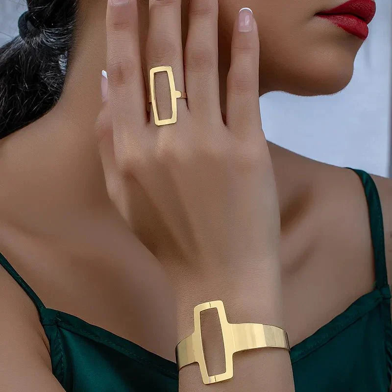 BettyRae - Adjustable Geometric Rectangle Bracelet and Ring Set