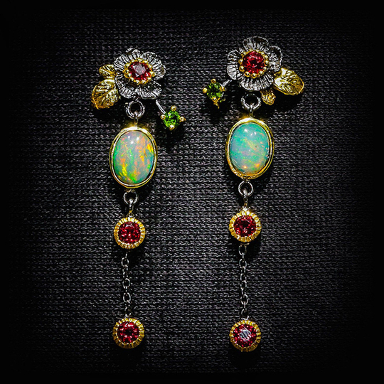 BettyRae - Boho Earrings with Opal and Red Zirconia